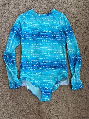 💙Cocomoon 4t Long-Sleeve Blue Wave Print One-Piece Swimsuit Like New💙